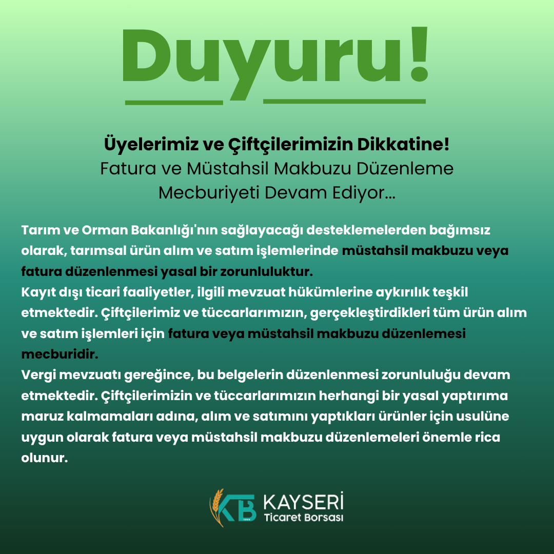 Üyelerimiz ve Çiftçilerimizin Dikkatine... Fatura ve Müstahsil Makbuzu Düzenleme Mecburiyeti Devam Ediyor!
